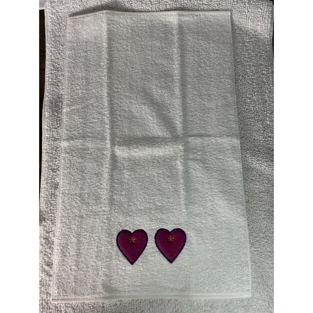 NEW 4-Piece White & Purple Heart Embroidered‎ 100% Cotton Towel Set Made in USA